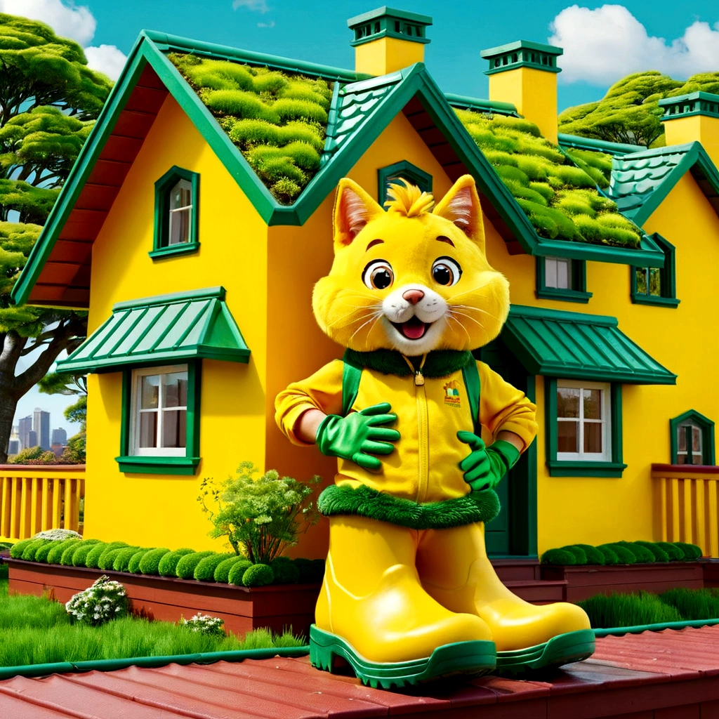 mascot, lively yellow house, with green roof green gloves,green boot
