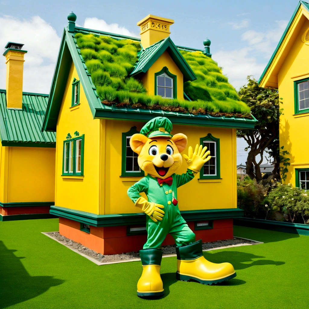 mascot, lively yellow house, with green roof green gloves,green boot