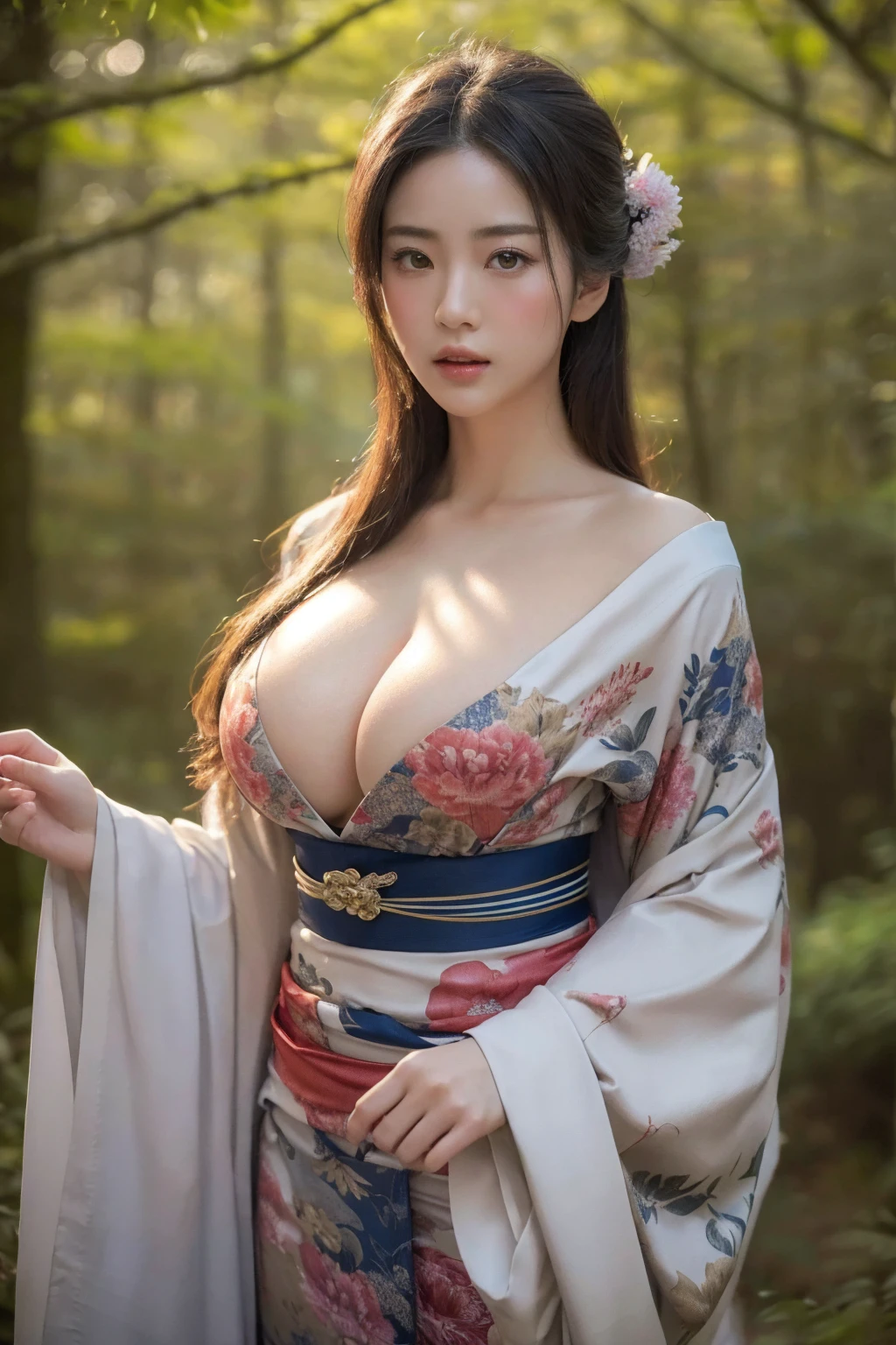 Beautiful woman、Japanese tradition、(Very large breasts)、kimono、Spectacular views、Suspicious atmosphere、Cinematic atmosphere、(best quality,4K,8K,highres,masterpiece:1.2),ultra-detailed,(realistic,photorealistic,photo-realistic:1.37)、Dim lighting、whole body、forest、forest、Dim lighting、(looking at viewer),Realistic、Like live action、Cinematic film