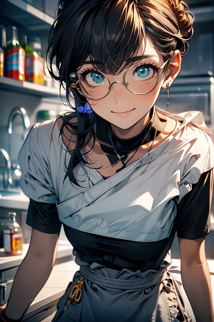 (masterpiece, highest quality, best quality, highest detailed, perfect face) 1 male, adult, muscular, wide man, angular face, brown hair tied in a bun, green eyes, (Clothes: black compression t-shirt, kitchen accessories, apron) in a fast food kitchen, cooking, a lot of food, lustful smile, licking lips