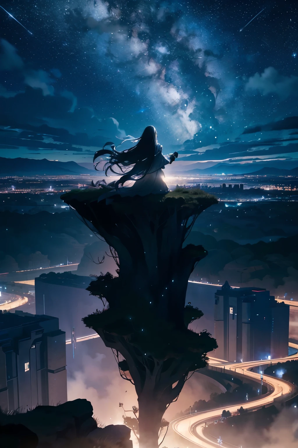 Masterpiece, top-notch quality, 16K UHD,
sitting,
Night scene,((lone men's:1.2)), solo, outdoors,
Starry sky above, vast and majestic, filled with twinkling stars and the faint glow of the Milky Way,
surrounded by the cityscape, tall buildings standing like sentinels against the night,
a single tree nearby, its silhouette against the sky a testament to nature's beauty,
the woman's long hair catching the light from the stars, a glimmering halo around her head,
her hair cascading down her back like a waterfall of silver,
a cityscape behind her,