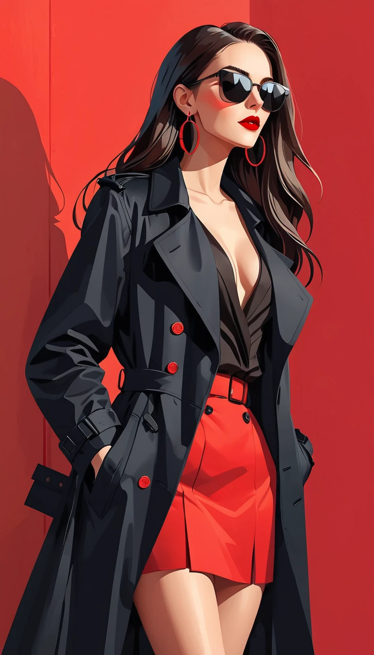 Simple vector illustration，Beautiful girl standing against the wall，Delicate red lips，unique，confidence，Long straight hair，sunglasses，Exaggerated earrings，unique，Staring at the audience），（Black deep V trench coat：1.37，Red bottoming skirt）。Looking from the bottom up，Geometric Light and Shadow，Clean and simple red background，Giant cactus on the ground