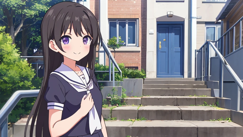 school stairs　primary school girl, 8 years　flat chest, black fur, blue with long purple tone, purple eyes　SMILE　White upper body, Short sleeve sailor uniform.　Navy blue miniskirt and white panties. （（I can see her panties）） white socks　sport boots　school stairs　Standing Dynamic angle Low angle