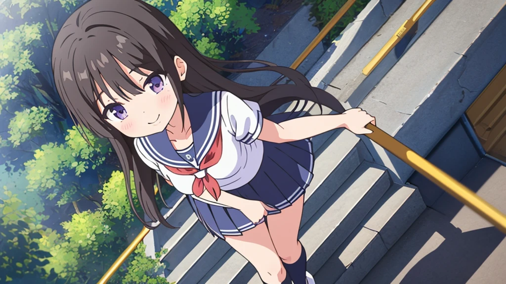 school stairs　primary school girl, 8 years　flat chest, black fur, blue with long purple tone, purple eyes　SMILE　White upper body, Short sleeve sailor uniform.　Navy blue miniskirt and white panties. （（I can see her panties）） white socks　sport boots　school stairs　Standing Dynamic angle Low angle