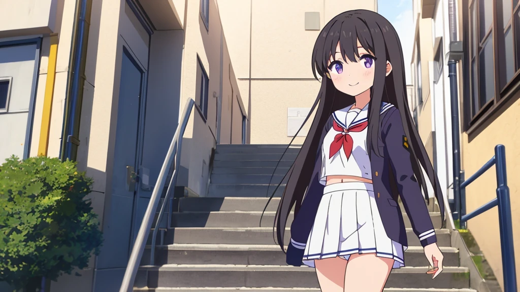 school stairs　primary school girl, 8 years　flat chest, black fur, blue with long purple tone, purple eyes　SMILE　White upper body, Short sleeve sailor uniform.　Navy blue  and white . （（I can see her ）） white socks　sport boots　school stairs　Standing Dynamic angle Low angle
