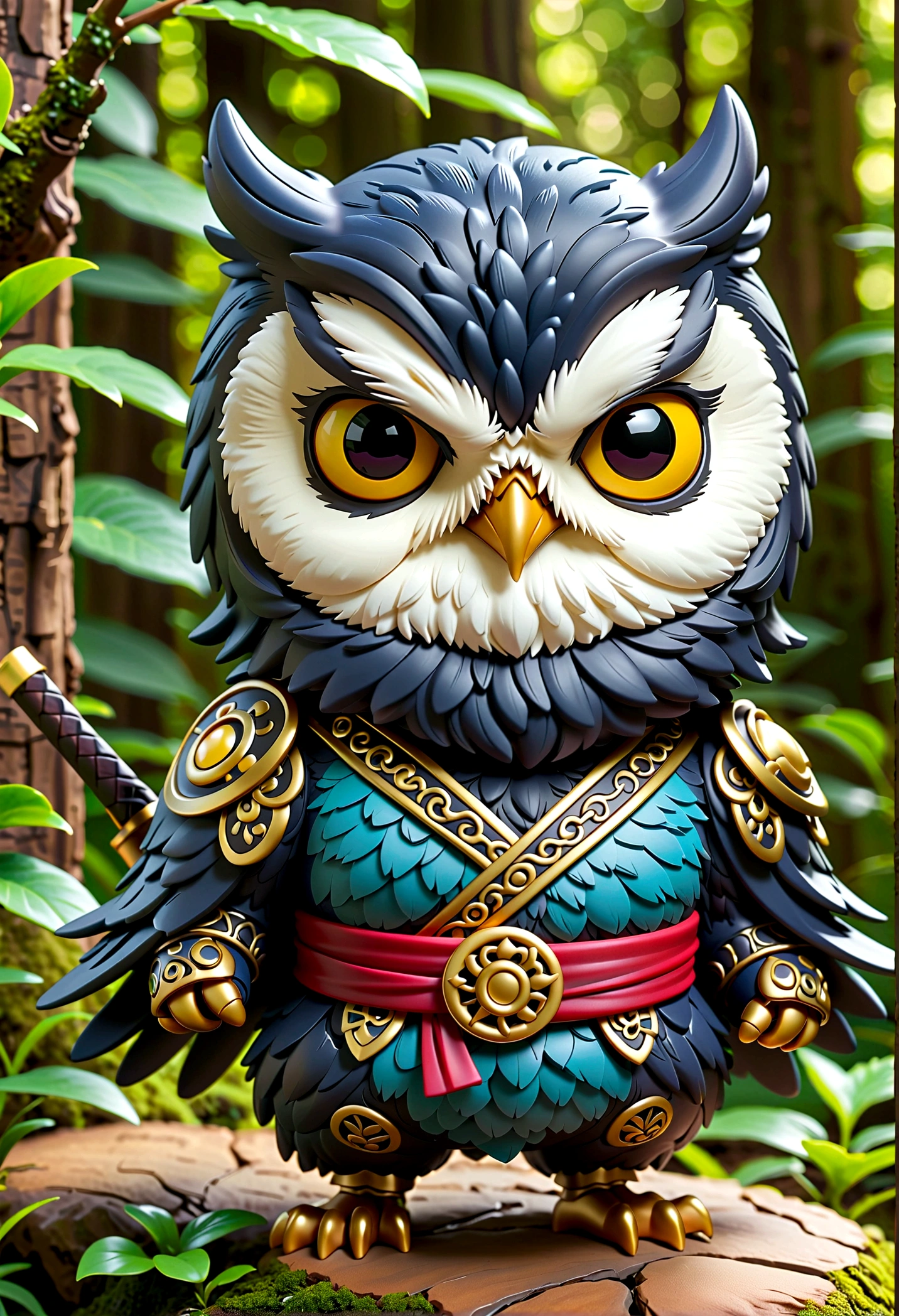     Vibrant dark fantasy cute ninja owl，Simple and concise style ( Perfect anatomical structure )  Peaceful and very cute Ninja Owl (Cute Ninja Owl Nendoroid, ), (masterpiece),逼真的masterpiece

         (best quality), (Ultra-high detail) Very cute ninja doll，No base)Stunning ultra-detailed digital artwork