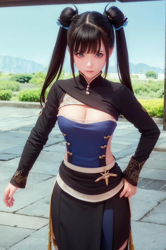 Nino　nanaco、short hair, Twin tails、Random color hair、 blue eyes, hair ornaments, Hair Ribbon, blunt , Both sides up, butterfly hair ornaments, skirt,Off the shoulder、Random color  kunoichi costume、Japanese  female samurai costume、See-through female ninja costume,, , Collared dress emphasizes cleavage、胸の谷間のSweat is noticeable、Professional lighting light reflection、 looking at viewer, (masterpiece:1.2), Highest quality, High resolution, unity 8k wallpaper, (figure:0.8), (Beautiful fine details:1.6), Highly detailed face, Perfect lighting, Highly detailed CG, (Perfect hands, Perfect ),heavy rain、heavy rainで全身びしょ濡れ、heavy rainで全身びしょ濡れの服、High heels、 ((Perfect handsの形))、(Perfect foot shape、Embarrassed expression、blush、Gestures to seduce a man、Shining Sweat、Perfect Skin,Sweat is noticeable、太もものSweat is noticeable、 Fair  waist, Sweating profusely、Sweaty hair、Sweaty clothes、Sweaty、Visible sweat、rain-wet hair、A vast Western church with stained glass windows、Holding a Japanese sword、Athlete System、cherry blossoms