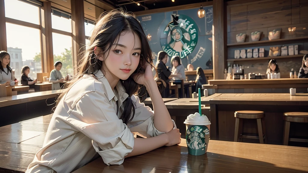 8K、RAW Photos、Highest quality、Super detailed、Super Resolution、Ultra HD、8K壁紙、Amazing details
(((Inside the Starbucks store)))、Woman sitting at a table by the window、16-year-old girl、((((Girls' High School Uniforms))))、(((Eat cake、Drink coffee、smile)))、Emphasize cleavage