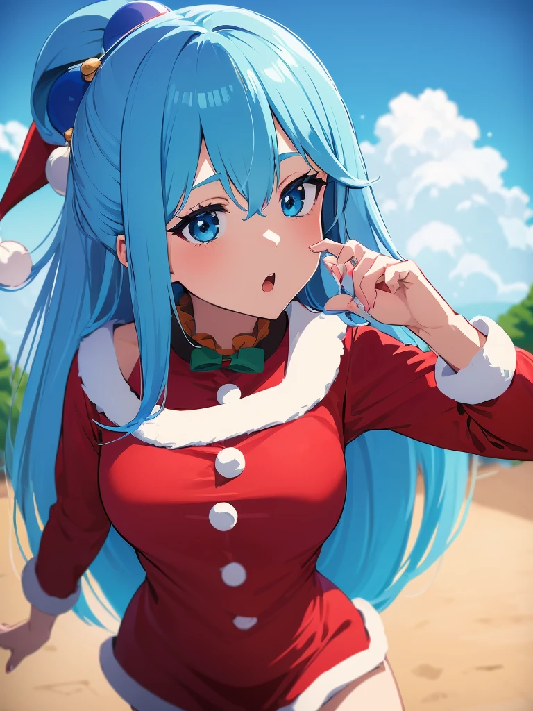 ((top quality)), ((masterpiece)), (Miniskirt with Santa Claus detailing), Red Santa Dress,perfect face, 1 girl, Aqua Konosuba