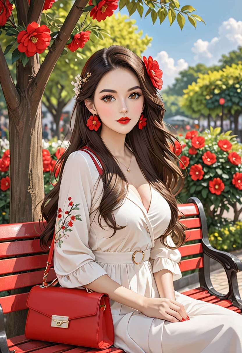 1girl solo long hair breasts looking at viewer brunette headgear dress brown eyes jewelry sitting upper body string flower earrings outdoors hair flower bag tree leaves handbag red lips bench