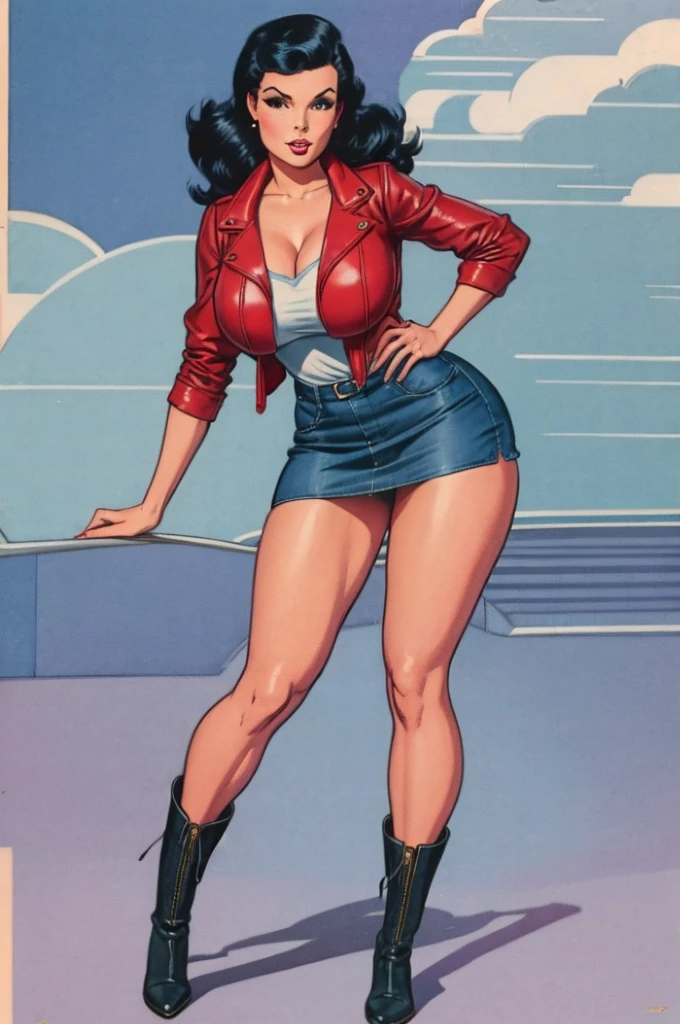 gorgeous woman, vintage pin up, leather jacket, blue-black hair, denim skirt, short skirt, boots