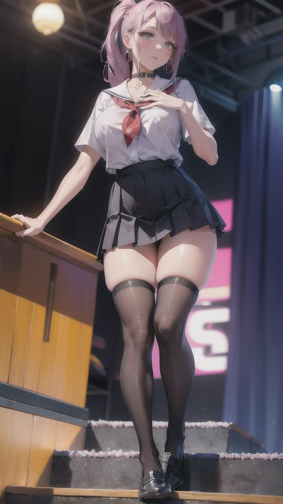 ((Correct Anatomy)),(on stage),(Female student)、((school uniform))、((Short sleeve))、(Mini Pleated Skirt),(((Black Stockings))),((Sexy pose)),((Stand on the stairs of the school)),Ultra-high resolution,Mature Woman, Mature Woman, Very detailed,Sunburned skin,Brown Skin, (Big Breasts),((Beautiful feet)),Perfect hands, Detailed fingers, Beautiful details, ((Long Hair)),((ponytail)),Black Choker, Earrings,loafers,Perfect Eyes, Captivating eyes,(open-chest)