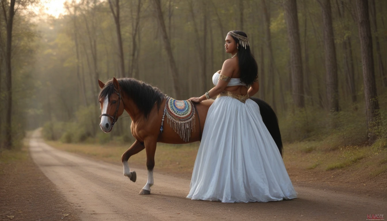 ((masterpiece)), ((best quality)), ((highres)), ((extremely detailed)), ((long shot, back view)), 1 black skinned large BBW girl as Pocahontas costume, full body, Beautiful Native American woman, mature woman, Big breast, (super realistic), (peerless beauty), detailed skin texture, detailed cloth texture, beautiful detailed face, intricate details, ultra detailed, indigenes feather jewelry, feather headdress, traditional handmade dress, (((riding on a very big fat draft  horse))), (((road in the middle of the forest))), ultra realistic, concept art, elegant, ((intricate)), ((highly detailed)), depth of field, ((professionally color graded)), soft ambient lighting, dusk, (Best quality, A high resolution, Photorealistic, primitive, 8K,Masterpiece, ),Best quality, Masterpiec8K.hdr, (vivd colour:1.10)