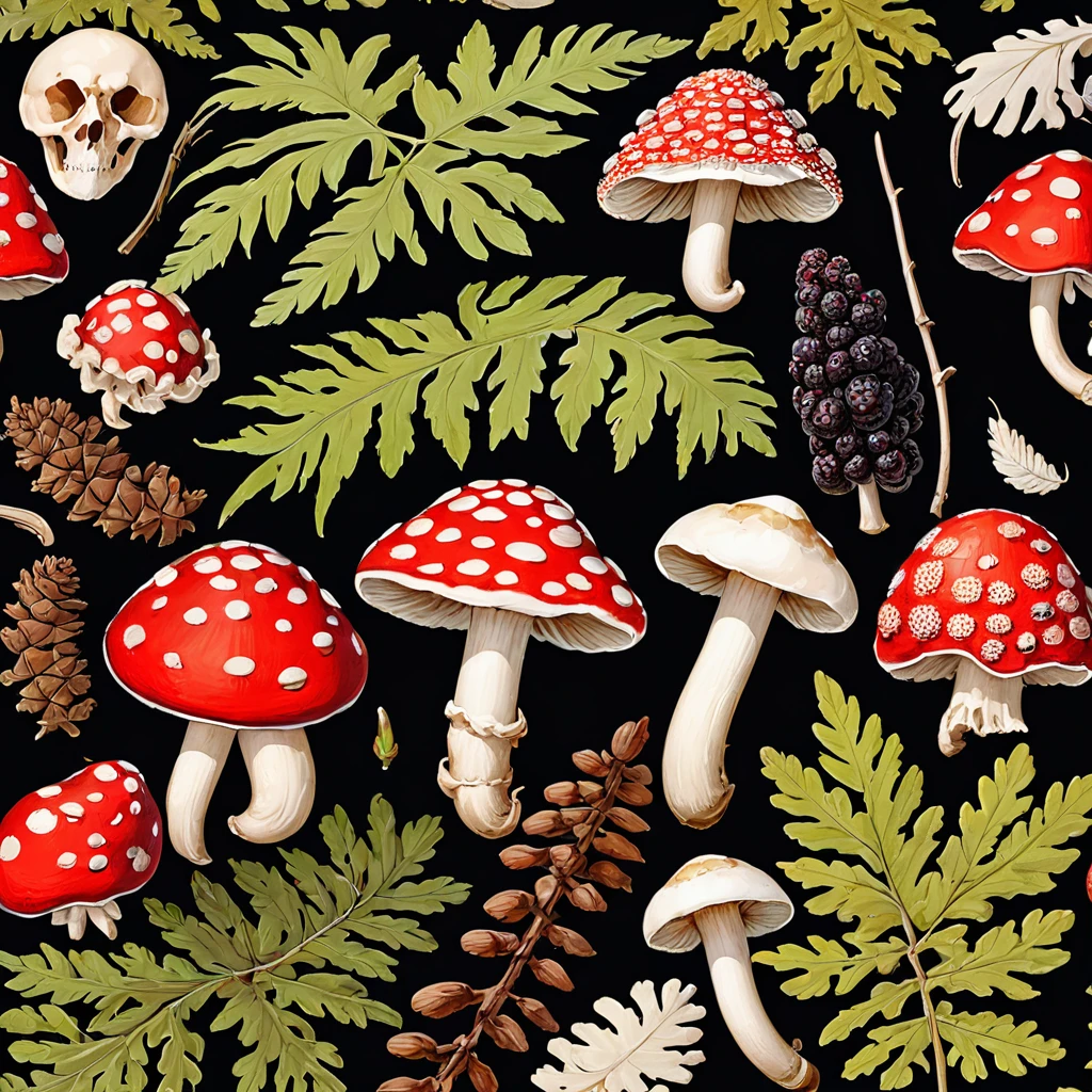 A seamless pattern on a black background featuring small, detailed illustrations of fern fronds, red and white-spotted fly agaric mushrooms (Amanita muscaria), bird skulls, blackberry clusters, and pine cones. The ferns should have intricate leaf patterns, appearing lush and slightly wild. The mushrooms should vary in size and angle, with bright red caps and white spots vividly detailed. The bird skulls should have realistic bone textures and be depicted from various angles, appearing aged and slightly worn. The blackberry clusters should have plump, dark purple berries with green leaves, detailed with fine veins and slight imperfections. The pine cones should vary in size and angle, with detailed scales and natural textures, appearing slightly aged. The elements should be evenly distributed, creating a balanced and harmonious pattern. Realistic yet clearly illustrative style.