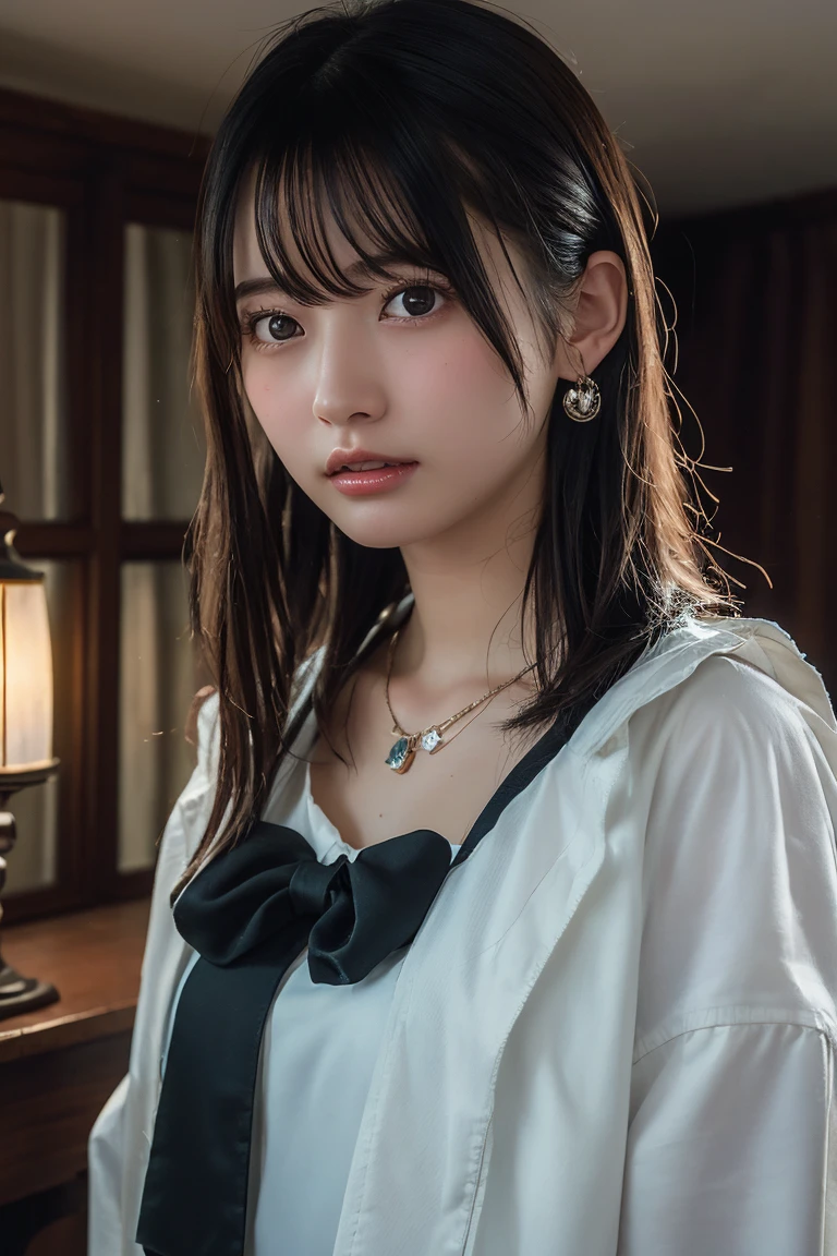 (Highest quality:1.4),(masterpiece:1.4),(Realistic:1.4),(Realistic:1.2),(超High resolution, RAW Photos:1.4),(High resolution, Ultra-detailed:1.2),(8K:1.2),View your viewers,Cinematic photography,One girl,skeletally correct,Black-haired woman,(Small earrings,necklace,Ghost Cosplay,View from the front),(Western-style building interior,Dimly lit room,The lamplight shines on my cheeks)