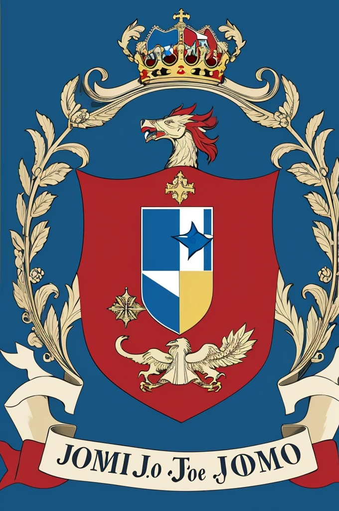A coat of arms with the name DOM JOÃO A1 and in the colors carmine red and light blue