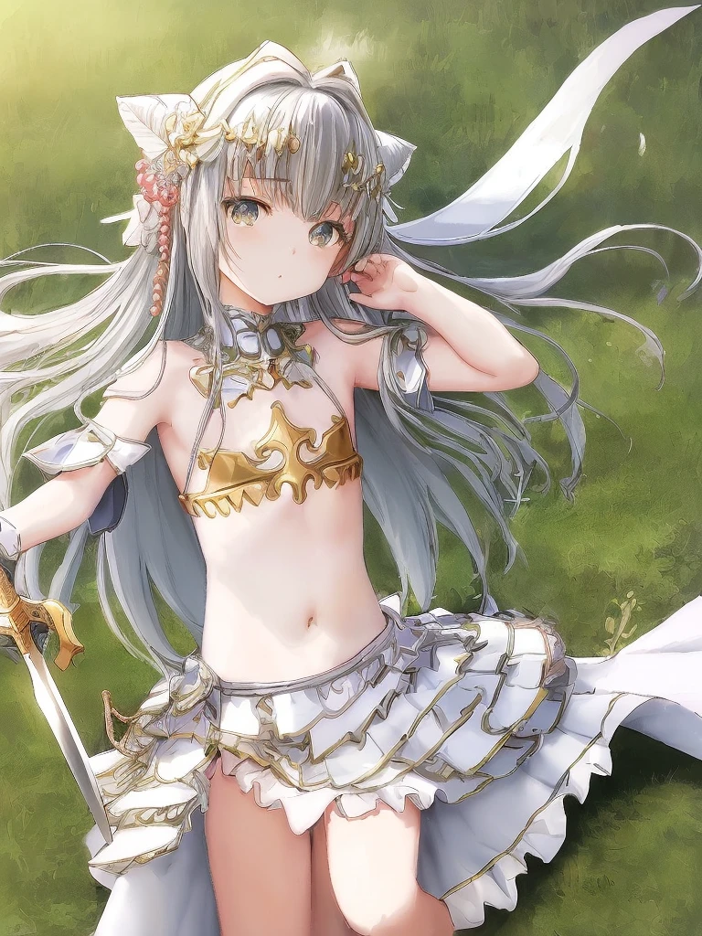 high quality、detailed、masterpiece、最high quality、8K、Japanese、beautiful girl、、Belly button、Thigh out、Sparkly eyes、Clear Eyes、Soft and rounded contours、detailedな顎のライン、(((Flat Chest:1.4)))、Swinging sword down、A magic circle for skill activation is deployed in front of him.、Painted from head to toe、Long hair flowing、A white and green sleeveless dress with multiple frills、Head tilted gracefully to one side、Hold the edge of the dress and lift it up、I draw a beautiful Japanese girl imitating a medieval knight standing on a grassland with a sword。The knight is wearing shining magical armor、He has removed his helmet and is holding it under his arm。The armor is a magical bikini armor made of mithril.、Fits the girl&#39;s body type、少女独特のFlat Chestの姿を醸し出しています。In the background is a castle and blue sky.。Pay attention to the contrast of light and shadow、Create a realistic texture。