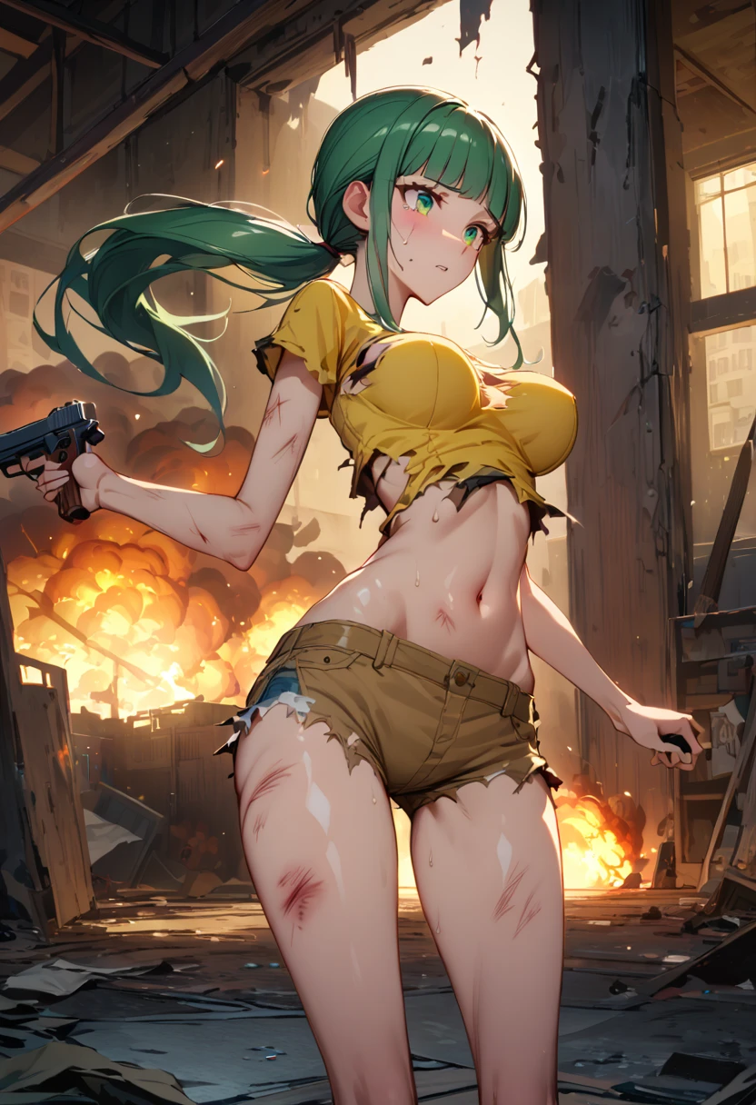 Action Sceneasterpiece,Highest quality:1.3)),cowboy shot,1woman,30 year old beauty、Investigator、独奏,(very small head:1.3),green hair,(low ponytail),long hair,blunt bangs,green eyes,gorgeous eyes,tears,medium breasts,(very long body:1.2),(toned body,slender body,skinny),gleaming skin,shiny skin,oily skin,(Injury、Torn clothes),Yellow micro shorts,Yellow tube top shirt、navel、A precisely rendered handgun in one hand、Run、Tracking、Inside an abandoned building、explosion、World of Blade Runner、nsfw,