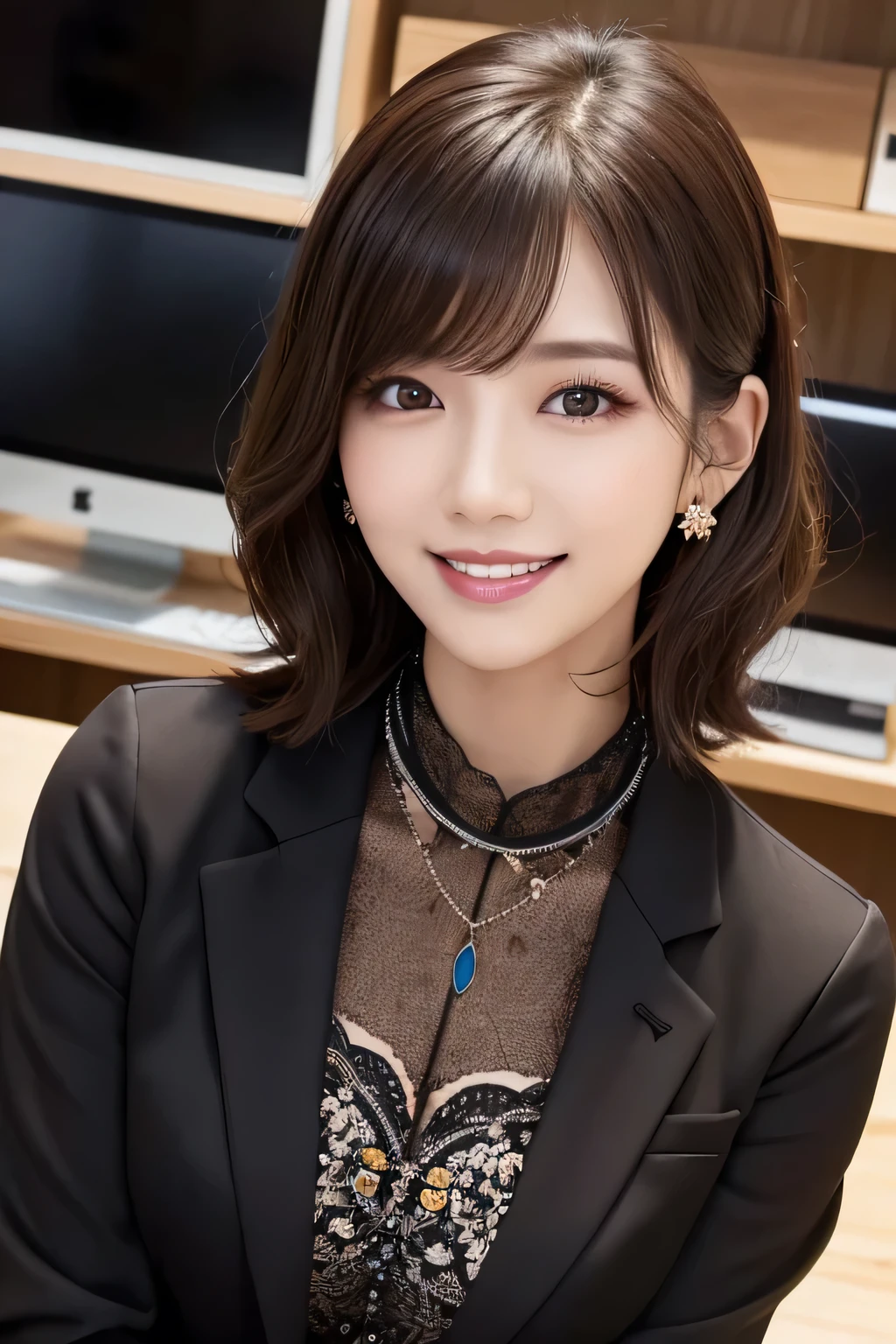 Beautiful young woman、 Dark brown hair、、Wavy Hair、Working in front of a computer、Necklace around the neck、Bold Pose、Office Lady Suits、Jacket、Unbuttoned shirt、Flashy makeup、smile、Beautiful teeth alignment、short hair、Intricate details, Very detailed:1.2), 、 Looking into the camera,The background is the office、Necklace around the neck、Dark eyeliner、ear piercing
