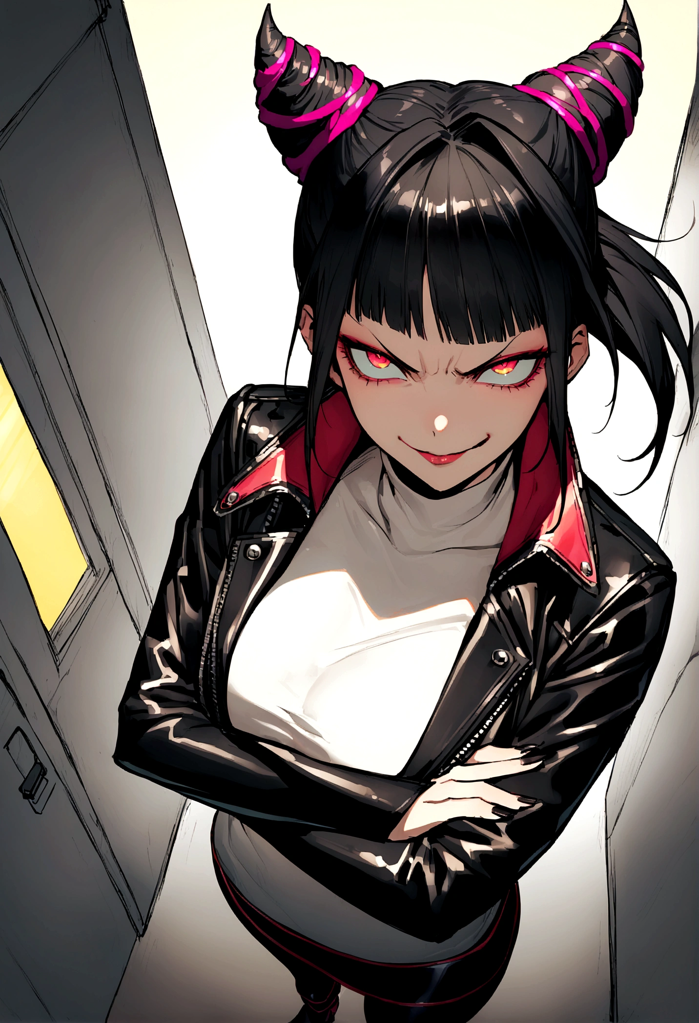 juri han,beautiful young warrior , with a very detailed and beautiful face, beautifuleyes, beautifuleyes, gorgeous face, beautiful young woman wearing long black leggings with black details, short mini skirt, usando leather jacket preta, Standing in an office, wearing black boots, horn hair, with black fringe, , evil smile ,white sweater with strap around, serious look,usando leather jacket preto, leather jacket,staring overhead,yellow lighting, evil smile,crossed arms
