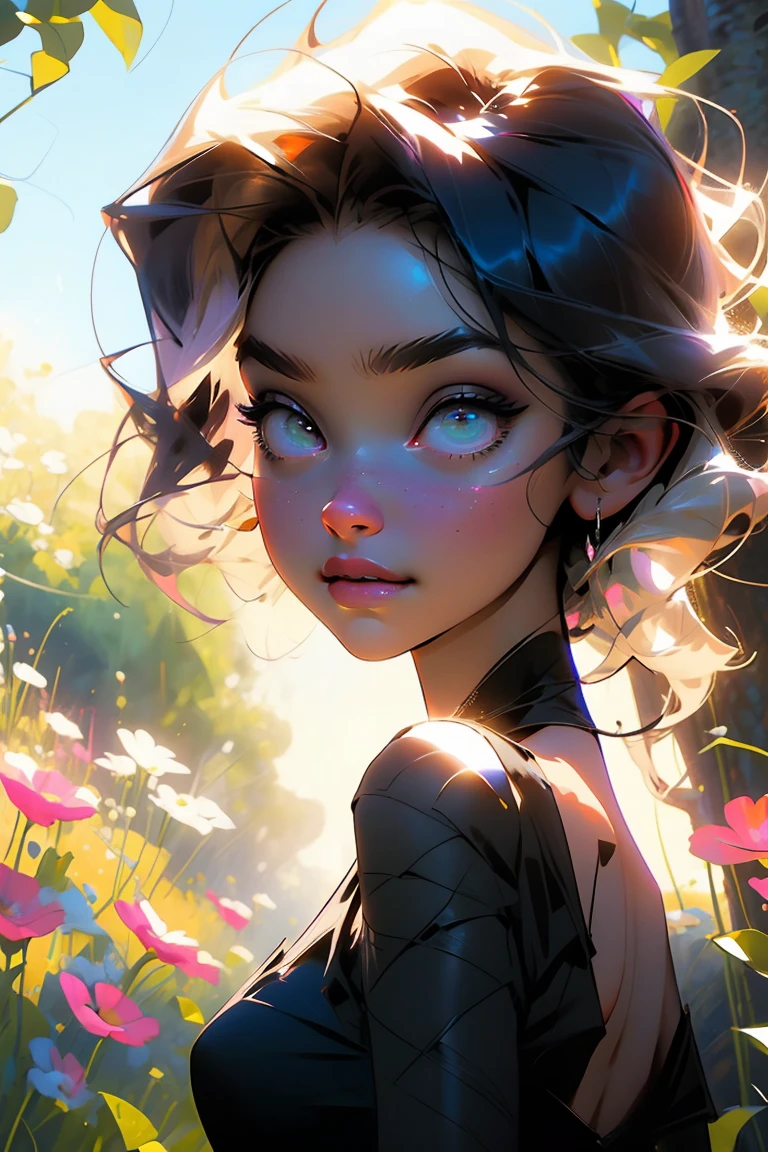 melancholy lighting, quiet, calm, brightness, masterpiece, best quality, 1girl, (JinxLol:1.2), (ultra photorealistic:1.3), (masterpiece:1.4), best quality, ((realistic)), high quality, ultra detailed, ((Real image)), ((realistic skin)), ((realistic face)),(illustration:1.05), (beautiful:1.05), (beautiful detailed eyes:1.05), (cinematic light:1.1), Full body, precise proportions, 25-year-old woman, skinny model lying on the grass, surrounding garden, tree shadow, DARK hair fluttering in the wind, tulle, long legs, slightly open feet, buttocks, blush, shyness, collarbone, abdominals, double weave, beautiful and delicate face, fair skin, real skin, (face detail), pores, super high resolution, 8k, parameters Best quality, masterpiece, super high resolution, (Realistic 2.0), More details, detailed skin, , wide smile, white teeth, voluminous DARK curly hair, perfect and well designed eyes, girlfriend, beautiful, beautiful, flowers, studio lighting