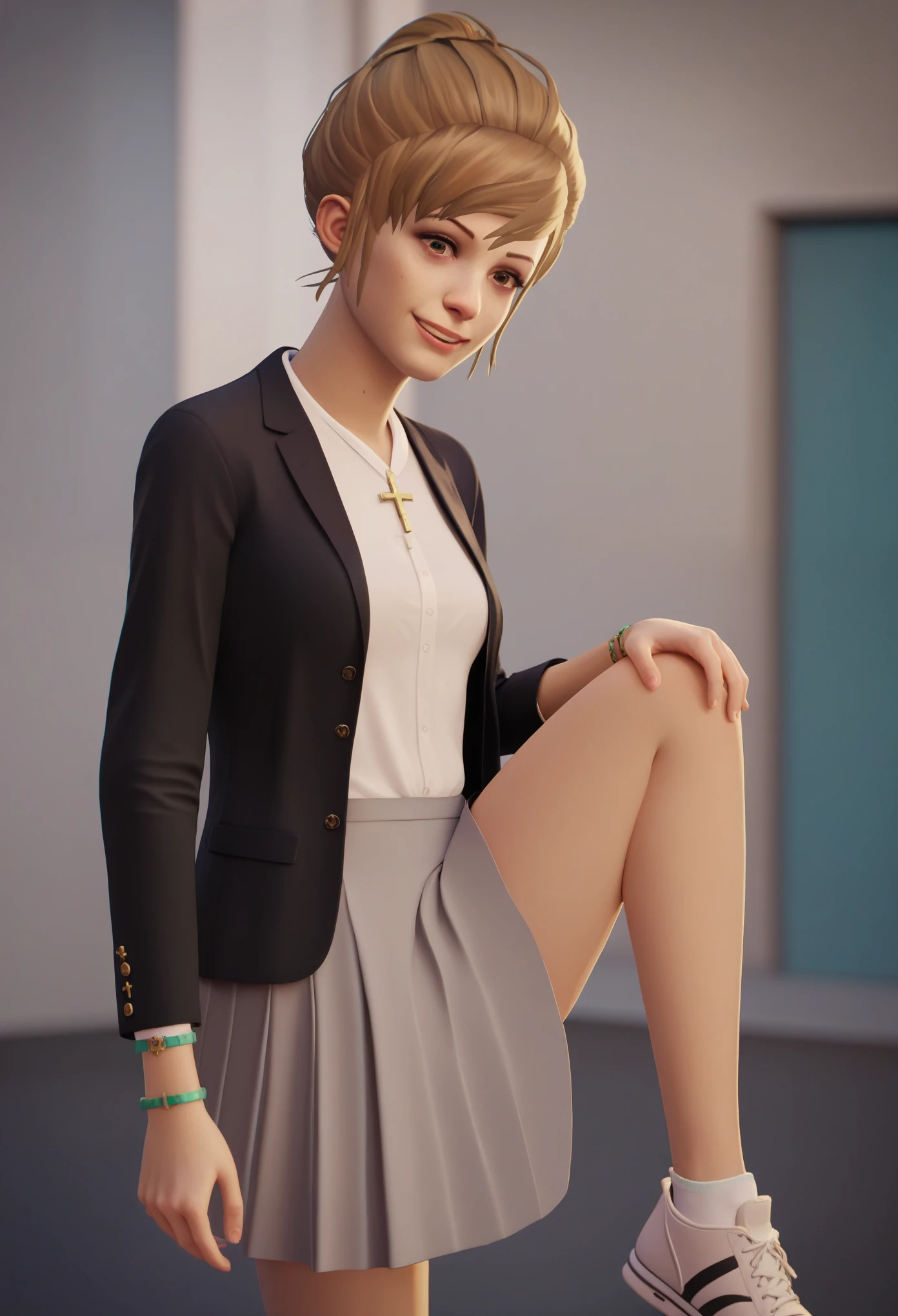 score_9,score_8_up,score_7_up, BREAK 1girl, solo, kat3lis, dark blonde hair, hazel eyes, cross necklace, bracelet, blouse, black blazer, medium-length  grey skirt, sneakers, standing, looking down, looking on viewer, smiling