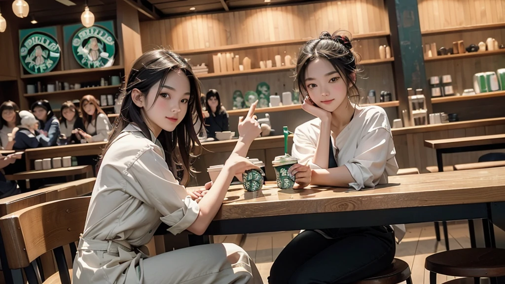 8K、RAW Photos、Highest quality、Super detailed、Super Resolution、Ultra HD、8K壁紙、Amazing details
(((Inside the Starbucks store)))、Woman sitting at a table by the window、、((((Girls&#39; High School Uniforms))))、(((Eat cake、Drink coffee、smile)))、Emphasize cleavage
