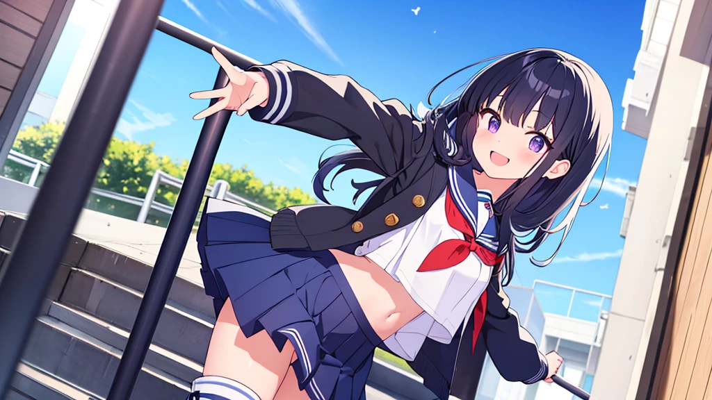 school stairs primary school girl, 8 years flat chest, black fur, blue with long purple tone, purple eyes SMILE White upper body, Short sleeve sailor uniform. Navy blue miniskirt and white panties. ((I can see her panties)) white socks sport boots school stairs Standing Dynamic angle Low angle