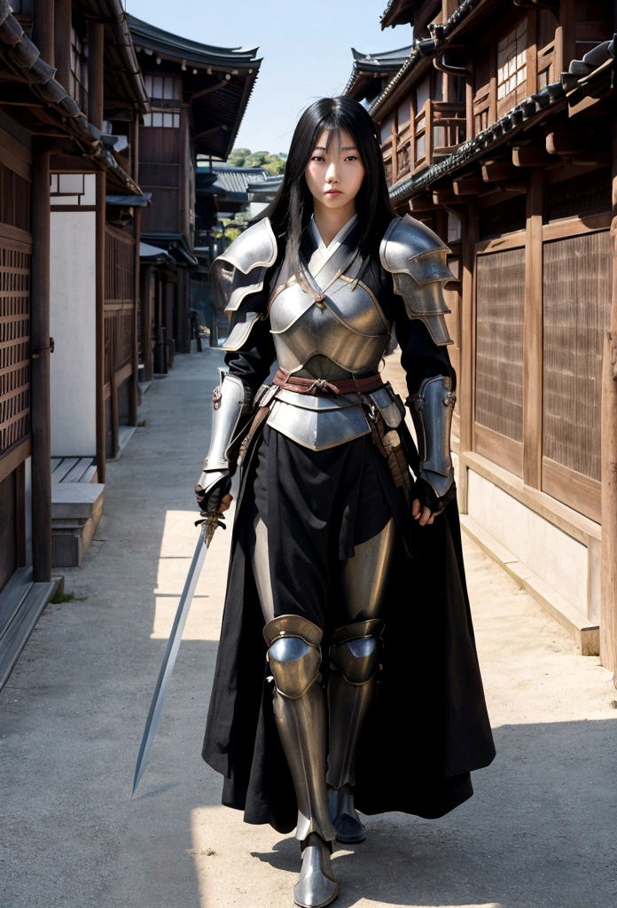 Japanese woman, about 18 years old, black hair of excessive length, slender physique, strong-willed, full body photo frame, Western armor, high exposure, thin armor, sword that doesn't suit her body. The townscape of the Edo period, high quality, high resolution