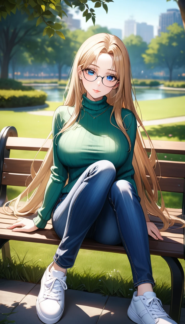 best quality, highres, 8k, masterpiece, immersive atmosphere, chiaroscuro:(1.5, bright light:1.2, luminous lighting), blurring, (background blur:1.5),
(dynamic angle, seductive pose:1.2, sitting), park, pond, bench, (legs focus, full body:1.5), delicate features, (beautiful face, beautiful eyes, beautiful legs), not safe for work, (opaque:1.5), high contrast, SDXL,
1girl, (25 years old:1.5), white skin, blue eyes, (reading glasses:1.2), blonde hair, straight hair, long hair, (forehead:1.2), bright lips, seductive smile, (slender figure:1.1), (green sweater:1.2), large breast, hard nipples, (jeans pants:1.4, blue jeans:1.4, skinny jeans:1.2), (white sneakers:1.2),
