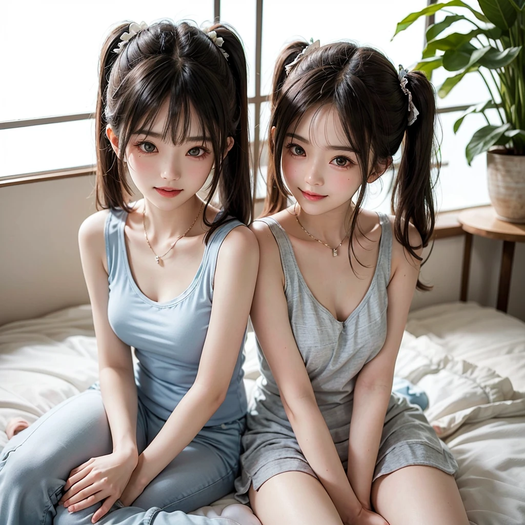 Smiling cute girl、Hairstyle: black hair in twin tails、sitting in tank top、Her panties are visible through her easide