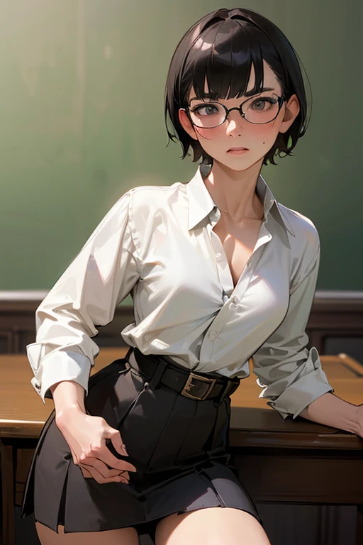 (masterpiece, Highest quality: 1.2), (Highly detailed face, The true picture, Realistic Skin, Realistic body, Intricate details), (Intimidating look), A slight blush, Social attire, Half-open button-up shirt (white), whiteいブラジャー, skirt (black), black belt with buckle, short hair, Glasses, Small breasts, close, Thick thighs, classroom,