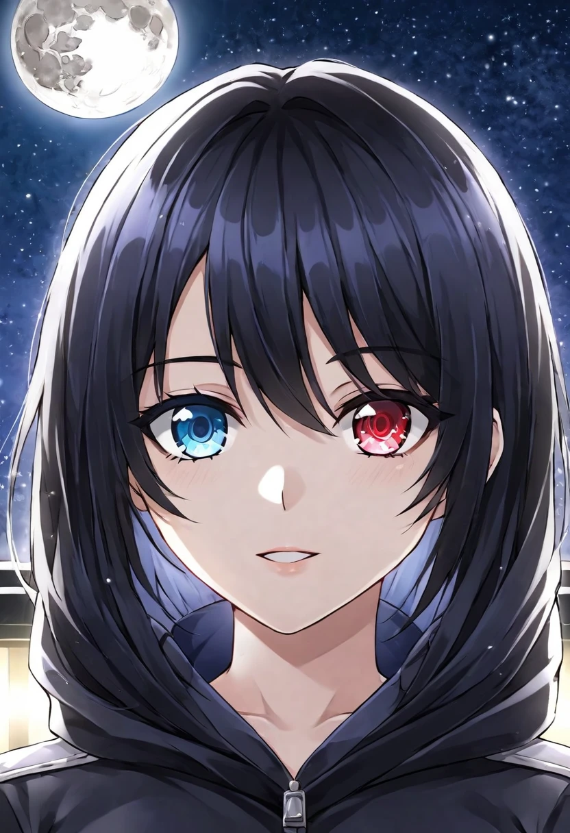 beautiful anime girl , vavorwave , she sitting on rooftop watching moon , wearing vavorwave jacket , luminous , masterpiece , heterochromia,portrait,light particles,close-up,eye focus