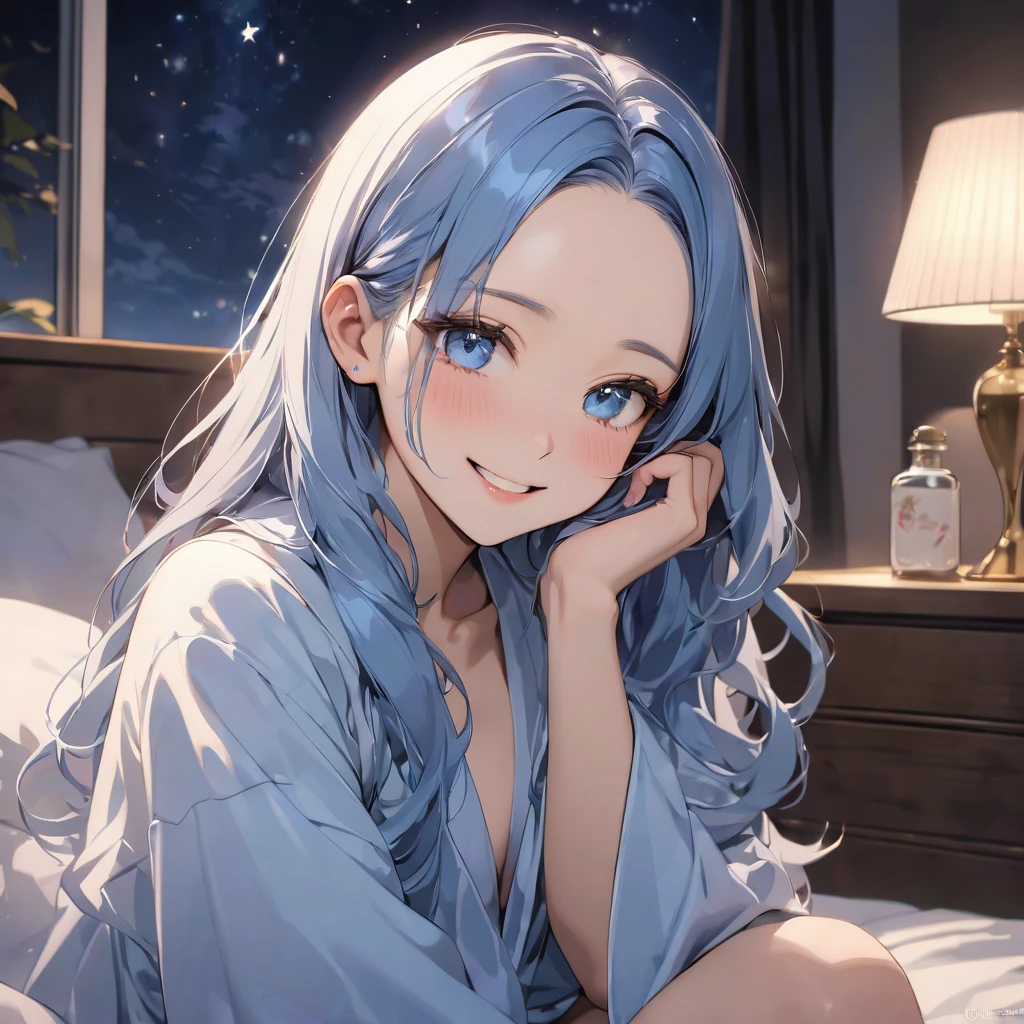 (love style) (solo, , forehead blue hair beautiful long hair lovely girl, cute blue eyes, ecstasy smile), (in a detailed night robe), (in the night, night bedroom), BREAK, perfect anatomy, masterpiece, best quality, 16k, beautiful detailed night, daydreaming expression