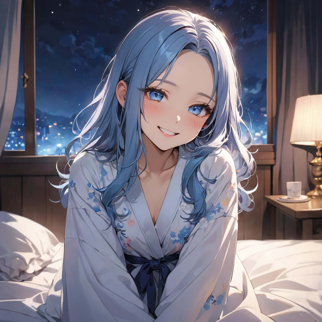 (love style) (solo, 15 yo, forehead blue hair beautiful long hair lovely girl, cute blue eyes, ecstasy smile), (in a detailed night robe), (in the night, night bedroom), BREAK, perfect anatomy, masterpiece, best quality, 16k, beautiful detailed night, daydreaming expression