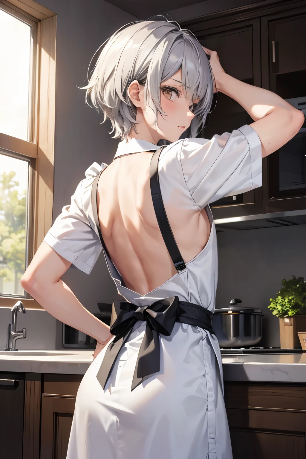 Kimishima Ikuto、17 years old、Beautiful Boy、boy、boy１people、Beautiful Boy、(Hairstyle:Silver short hair,Outwardly curled hair,Silver Hair)、Slanted Eyes、Brown eyes、Perfect Anatomy、whole body、Bright room、((Back view、look back)), ((White apron)),(background:indoor)),Thin and flat chest