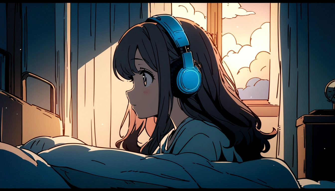 Keywords : masterpiece, best quality, movie still, one girl, girl in clouds, happiness, warm soft lighting, night sky, listening to music on headphones in bed in room, girl with long hair, big eyes, profile, illustration style