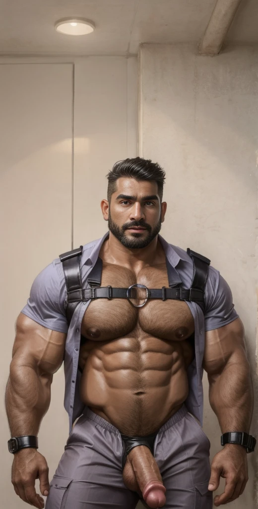 1boy, indian, solo, facial hair,34 yrs old, daddy, male focus, flaccid penis, pectorals, bara, muscular, mature male, muscular male, abs, beard, ring nipples, chest harness, short hair, navel, stomach, large pectorals, thick eyebrows, bare pectorals, dark-skinned male, erection, thighs, erection under clothes, bondage attire, dark skin, tie, open shirt, jacket, grey swimsuit suit, pectoral cleavage, cowboy shot, cop agent uniform, feet out of frame, thick thighs, looking at viewer, masterpiece, 4k, high quality, highres, absurdres,