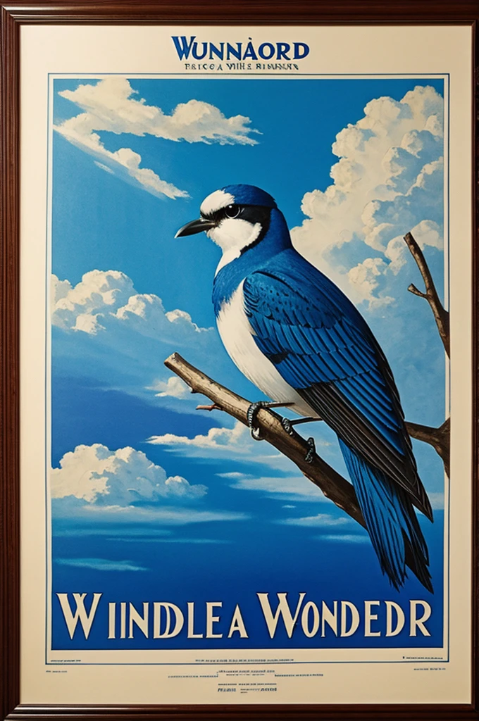 create a blue-toned poster with a bird in the middle of the poster and the word aerial wonder