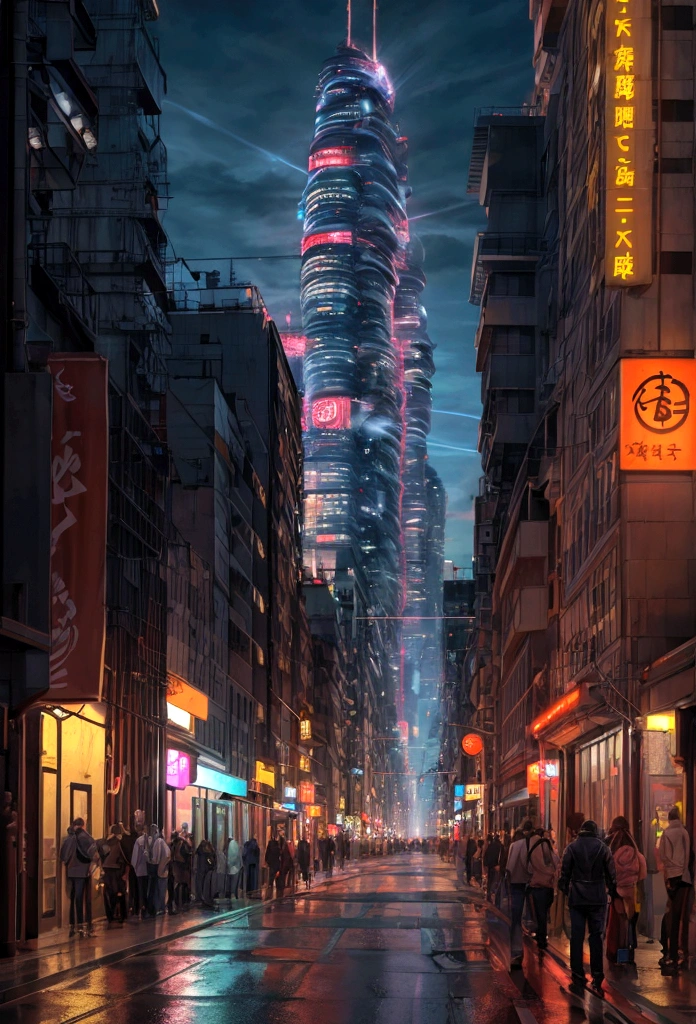 People live, Future City Street , Bright lighting, Spirited, Very crowded, Populous, Color Scheme, Art Station, Create ultra-realistic renderings of aircraft,cyber punk. Street cables densely cover the areas between buildings. Lighting scene lights on, quality\(8K,非常に精細なCGユニットのwallpaper, masterpiece,High resolution,top-quality,top-quality real texture skin,Surreal,Increase the resolution,RAW Photos,最高quality,Very detailed,wallpaper,Cinema Lighting,Ray-tracing,Golden Ratio\),(Long Shot),landscape,