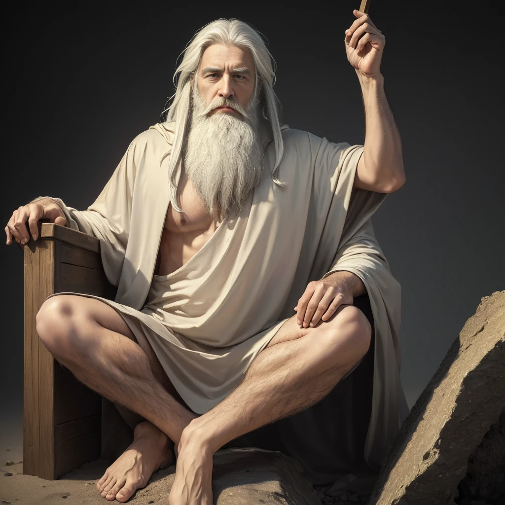 (Highest quality:1.5), (masterpiece:1.5), (8K:1.5), (Simple Background:1.1), 1 man, full body, A thin hermit with a long beard and white hair sitting cross-legged