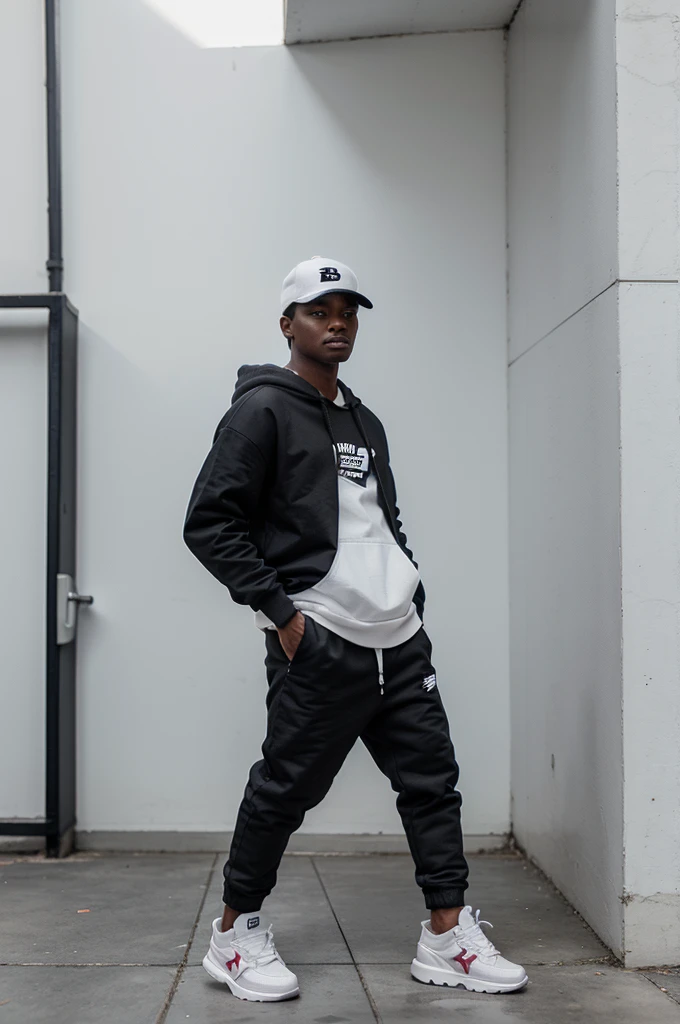 Create a 3D miniature character of a male standing with two blocks. The character must wear a white Dickies hoodie and wear dark gray New Balance 2002r sneakers, the image background is white