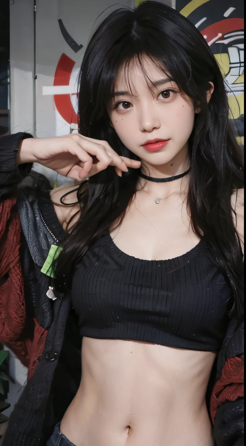 best quality, ultra high resolution, (In reality:1.4),cute hairpins,1 girl,red long hair,cropped black sweater ,Beautiful woman with a slender body:1.4, pronounced abs:1.4, on the island,ultra fine face,Exquisite eyes,double eyelid,choker necklace
