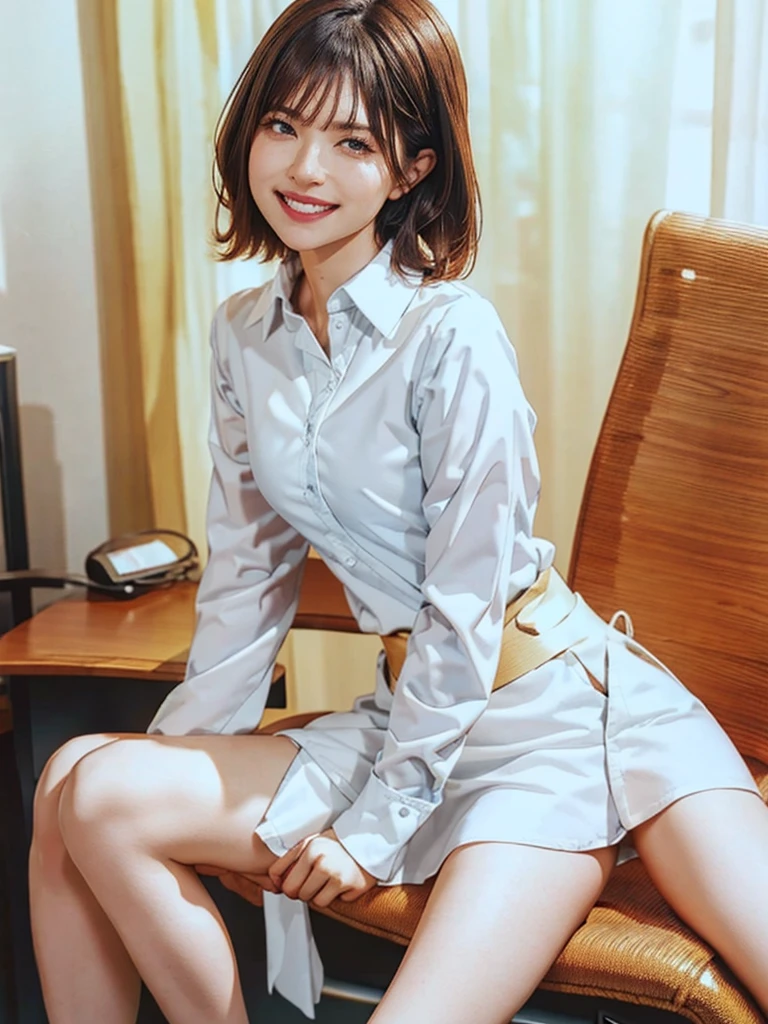 raw photo, 1girl, cute face, beautiful face, medium breast, collared blouse, White blouse, light smile, detailed skin, simple background, Above the knee, sit on a chair, Seductive pose, photorealistic, masterpiece, best quality, anatomically correct
