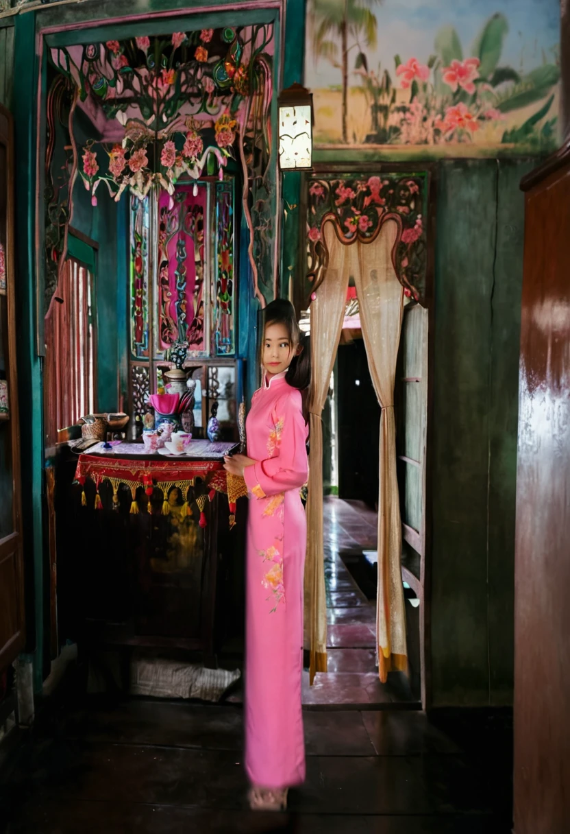 A Vietnamese girl stands with her arms crossed in house, Pink Ao Dai, Highly realistic photo, Portrait of a 20 year old Vietnamese young girl,