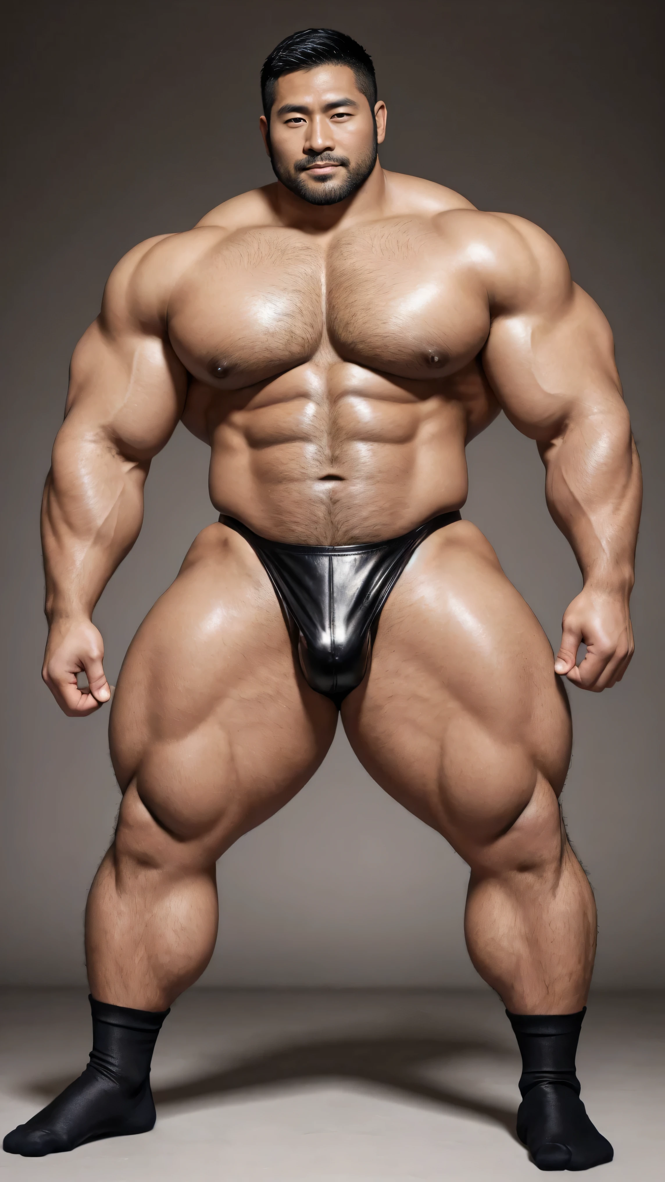 There is only one handsome Asian actor in the photo,35 years old,High target, Fitness,short hair, O-Shaped Beard,Perfect body, Dark skin color,Radiant Skin,Smooth skin,Muscle bulge, muscular, Very large pectoral muscles,Very sexy abdominal muscles,Very well-developed leg muscles,Huge concave and convex area,Brightens oily skin,Wearing black leather shiny thong,Handsome face, Correct and accurate male body proportions, Wear black socks,Standing on a gray background。