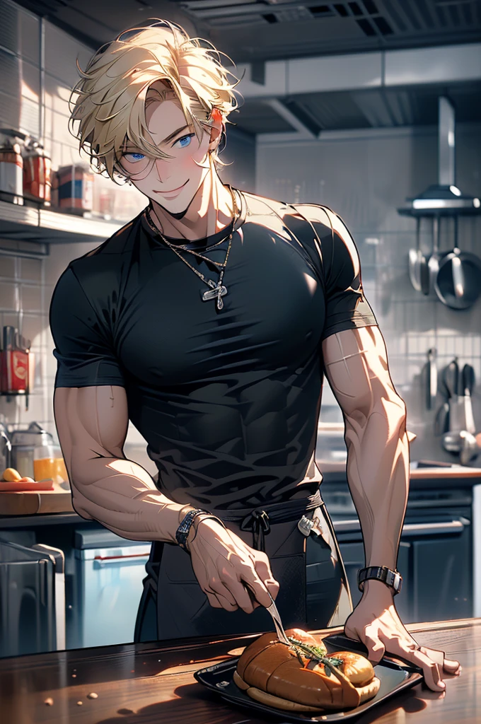 (masterpiece, highest quality, best quality, highest detailed, perfect face) 1 man, adult, muscular, broad man, blond hair back, blue eyes, (Clothes: black compression t-shirt, kitchen accessories, apron ) in a fast food kitchen, cooking, lots of food, lewd smile, licking lips