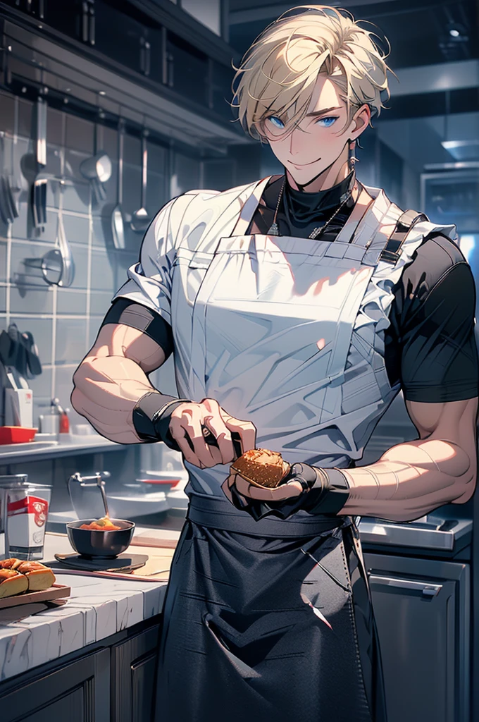 (masterpiece, highest quality, best quality, highest detailed, perfect face) 1 man, adult, muscular, broad man, blond hair back, blue eyes, (Clothes: black compression t-shirt, kitchen accessories, apron ) in a fast food kitchen, cooking, lots of food, lewd smile, licking lips