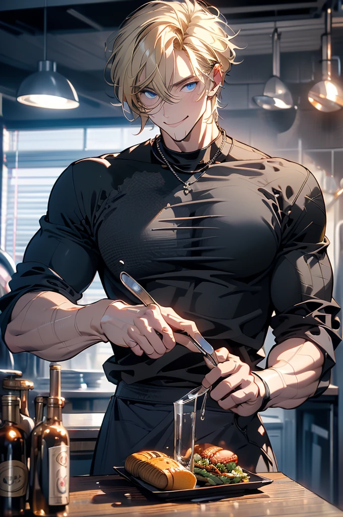(masterpiece, highest quality, best quality, highest detailed, perfect face) 1 man, adult, muscular, broad man, blond hair back, blue eyes, (Clothes: black compression t-shirt, kitchen accessories, apron ) in a fast food kitchen, cooking, lots of food, lewd smile, licking lips