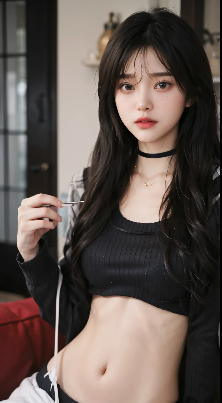 best quality， ultra high resolution， （In reality：1.4），cute hairpins，1 girl，red long hair,long black sweater ，Beautiful woman with a slender body:1.4, pronounced abs:1.4, on the island,ultra fine face，Exquisite eyes，double eyelid，choker necklace